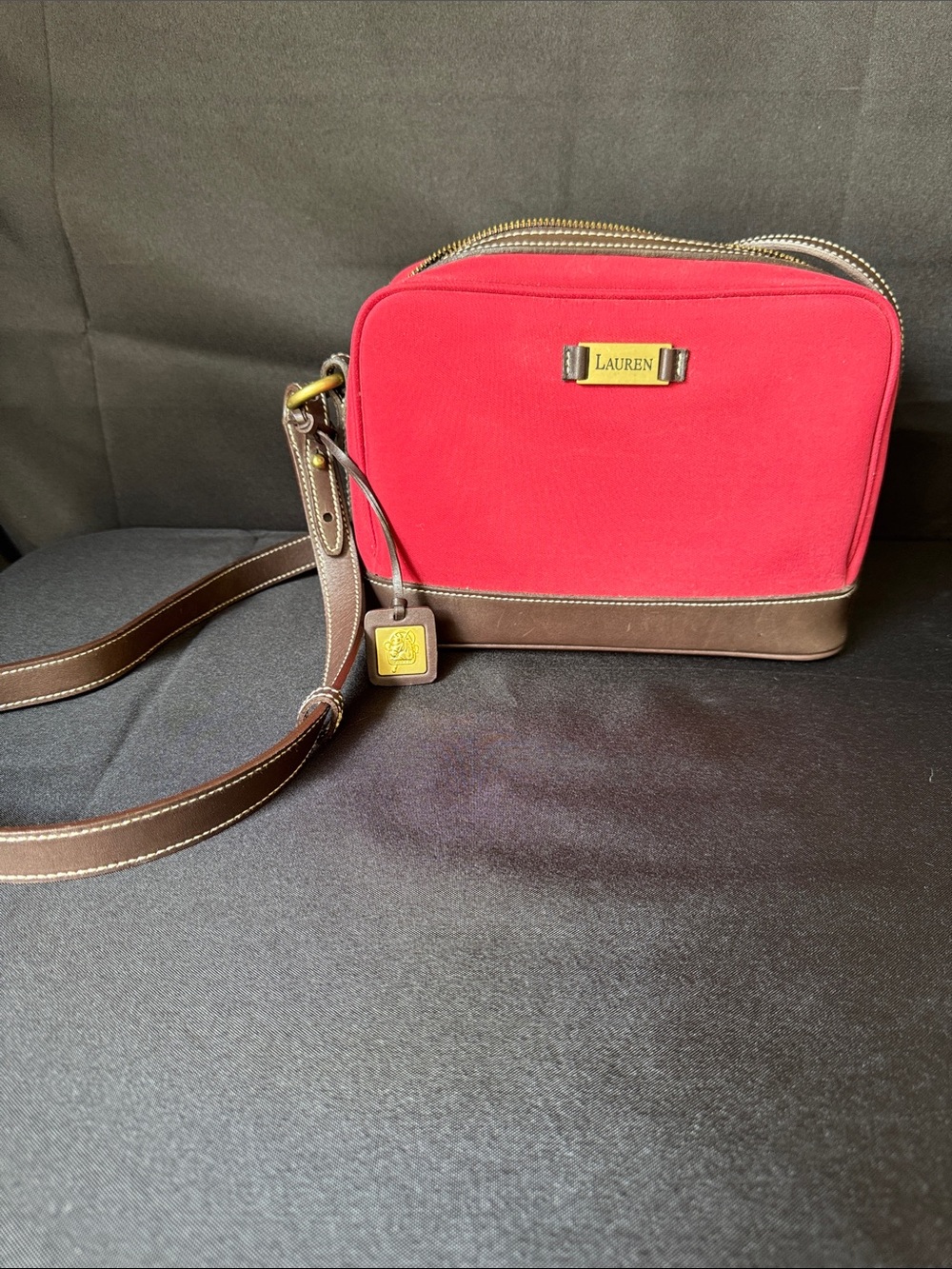 Lauren Ralph Lauren Red Nylon Crossbody Bag Brown Leather Trim Vintage